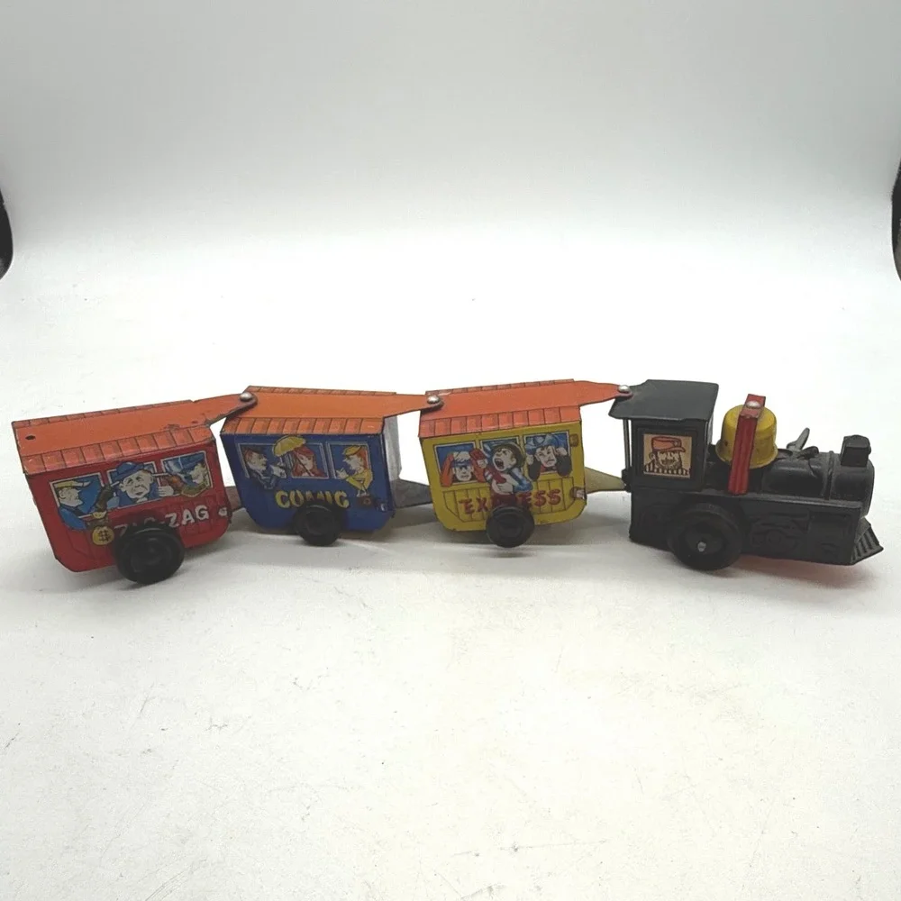 Vintage Wind Up Tin‎ Litho Comic Western Zig Zag Train Toy Set Locomotive Cars